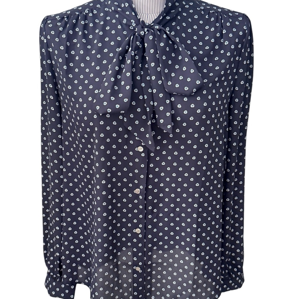 J Crew Navy and Blue patterned Tie Neck Women's Blouse